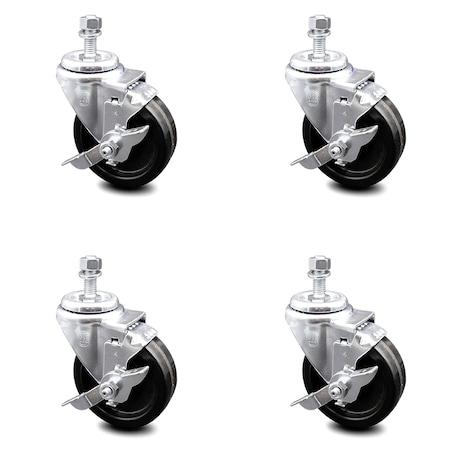 Service Caster 4 Inch Phenolic Wheel Swivel 3/8 Inch Threaded Stem Caster Set with Brake SCC SCC-TS20S414-PHS-TLB-381615-4